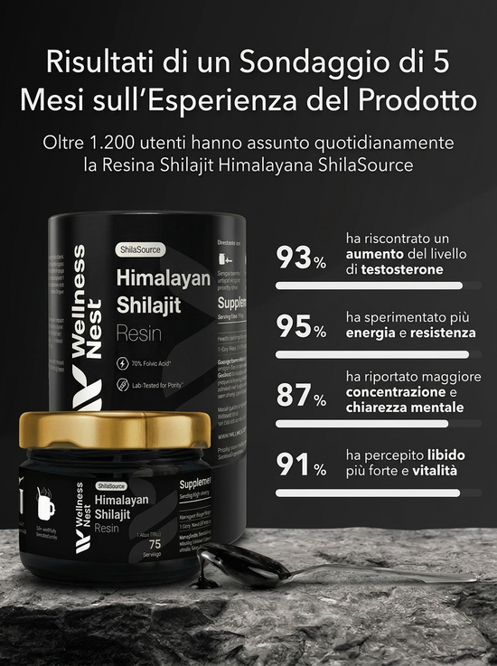 Risultati sondaggio 5 mesi Wellness Nest Shilajit - 93% testosterone, 95% energia, 87% concentrazione, 91% libido